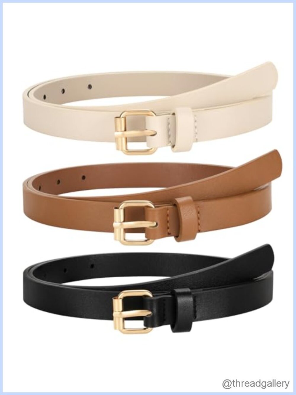 3 Pack Women Skinny PU Leather Belt with Gold Buckle Thin Waist Belt